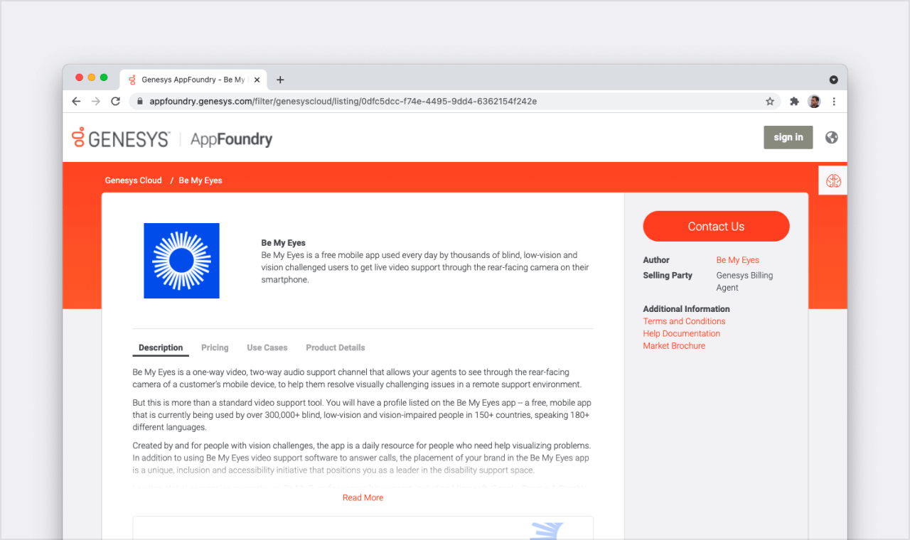 Genesys App Foundry listing of the Be My Eyes app.