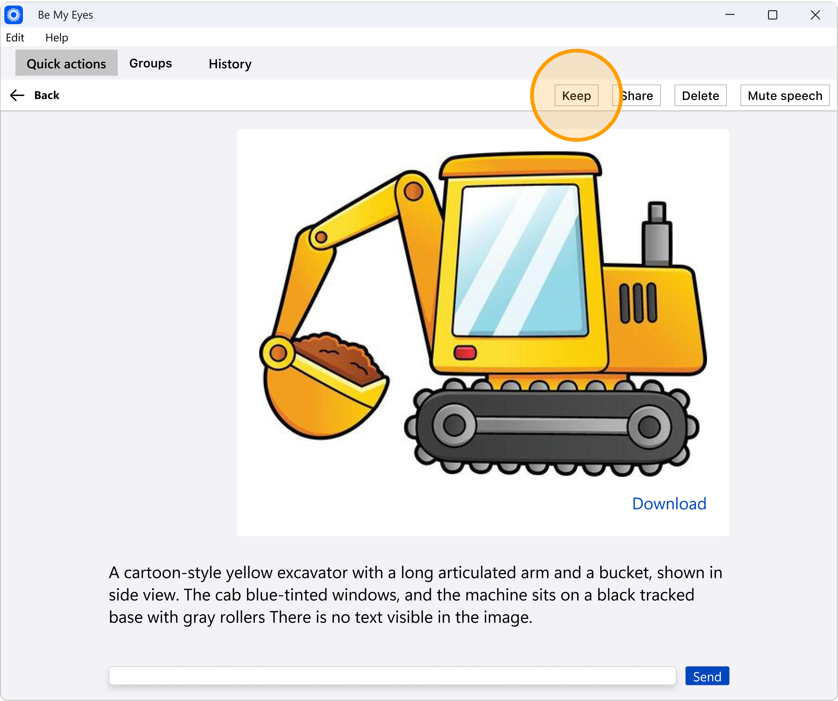 A screenshot of the Be My Eyes app showing the results of the Workplace AI analysis. The main window displays a text description of the uploaded excavator image at the bottom. An orange circle highlights the "Keep" button in the toolbar.