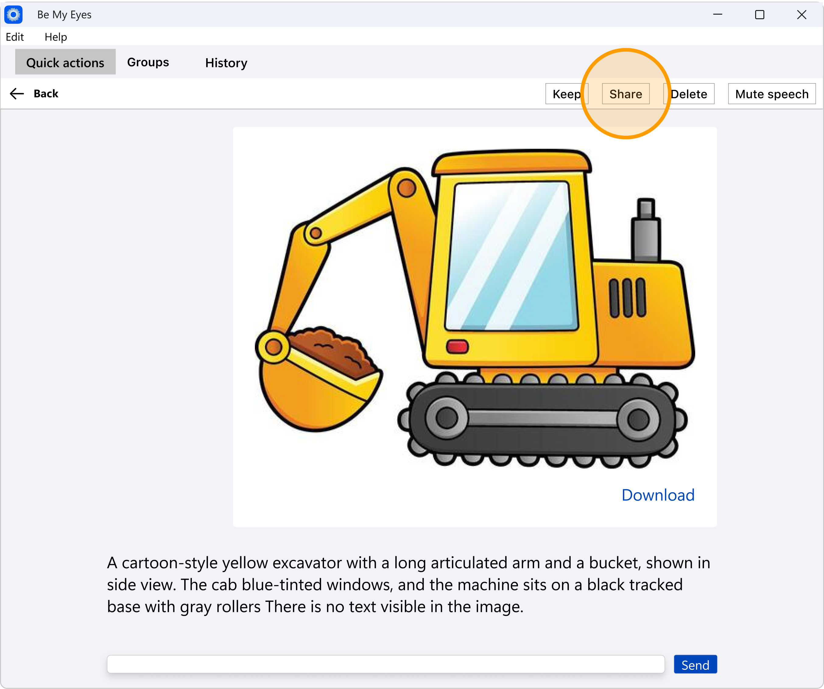 A screenshot of the Be My Eyes app showing the results of the Workplace AI analysis. The main window displays a text description of the uploaded excavator image at the bottom. An orange circle highlights the "Share" button in the toolbar.
