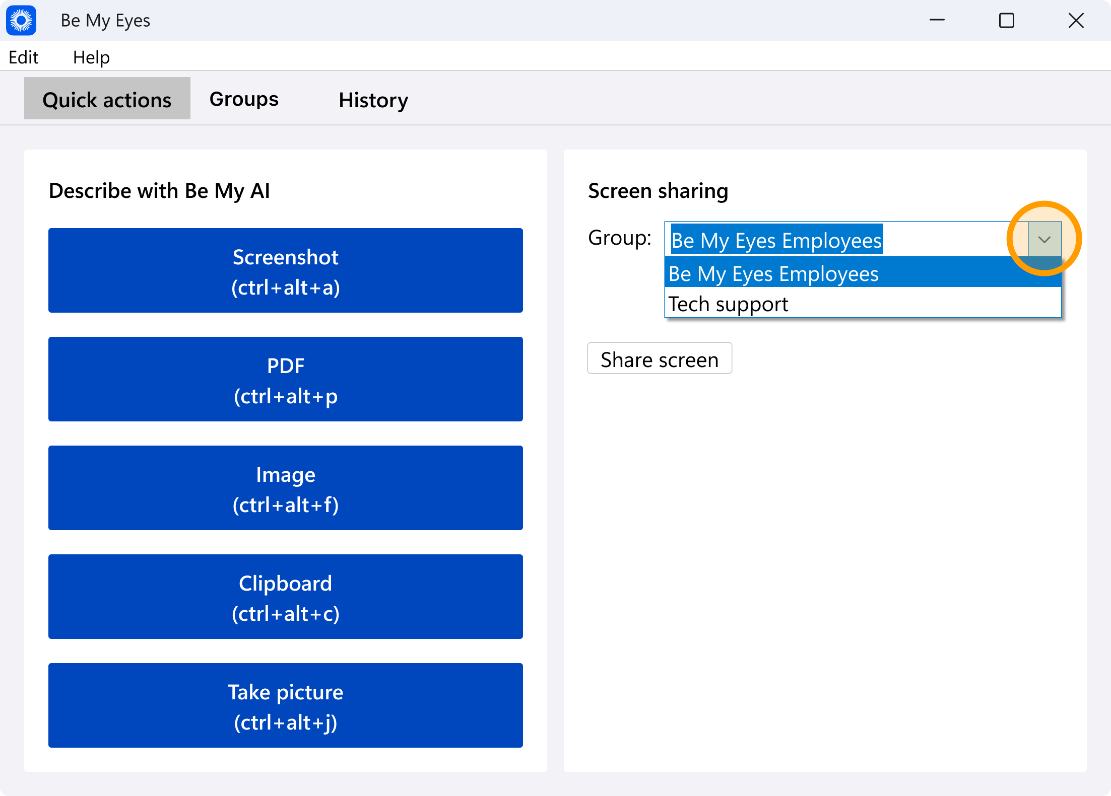 A screenshot of the Be My Eyes desktop app interface. On the right side, under the "Screen sharing" section, a dropdown menu labeled "Groups" is open. An orange circle highlights the selection of a group name from a list of sample groups.