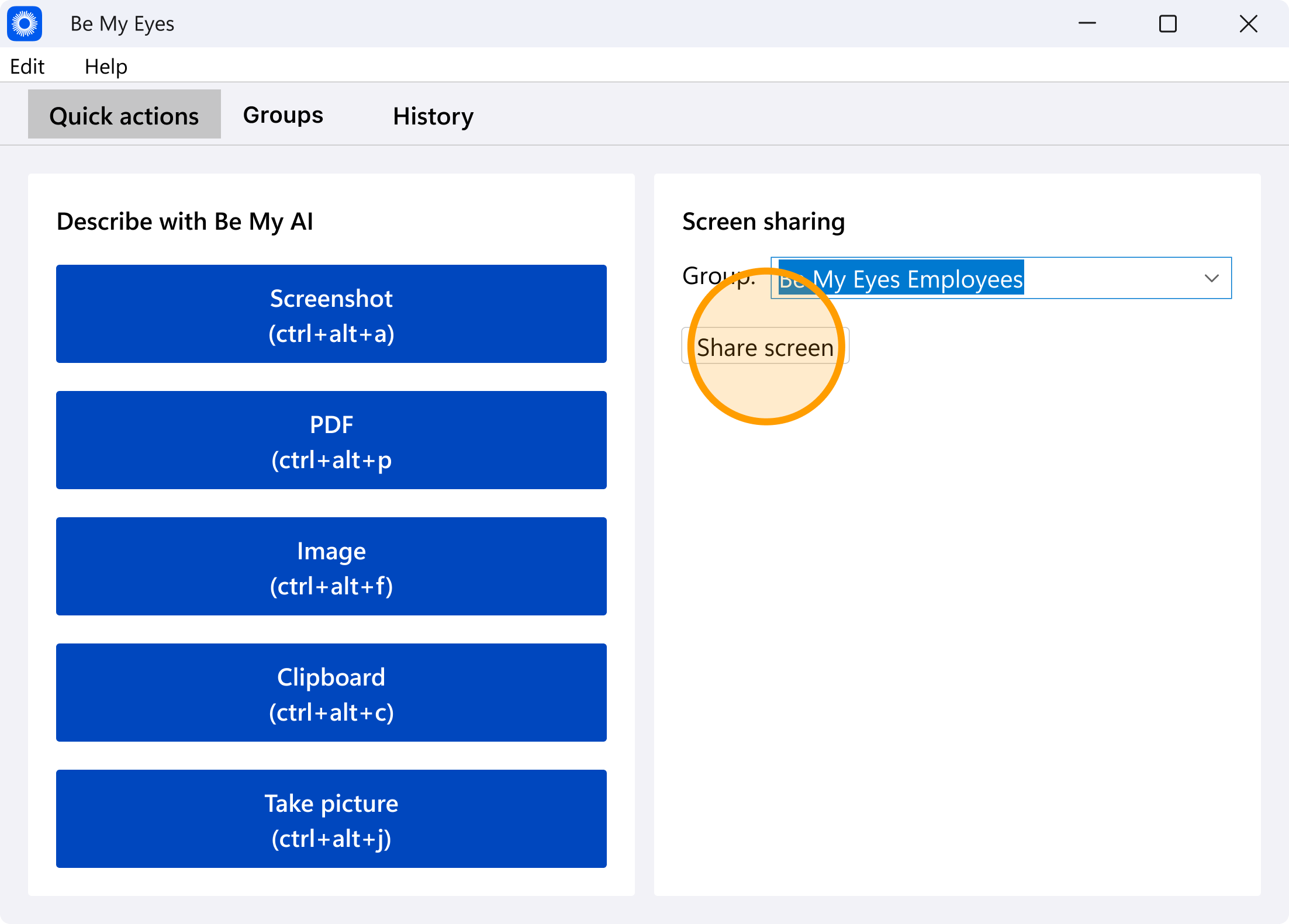 A screenshot of the Be My Eyes desktop app showing the "Screen sharing" section after a group has been selected. Below the group name, a button labeled "Share screen" is highlighted with an orange circle, indicating the next step to initiate the call.