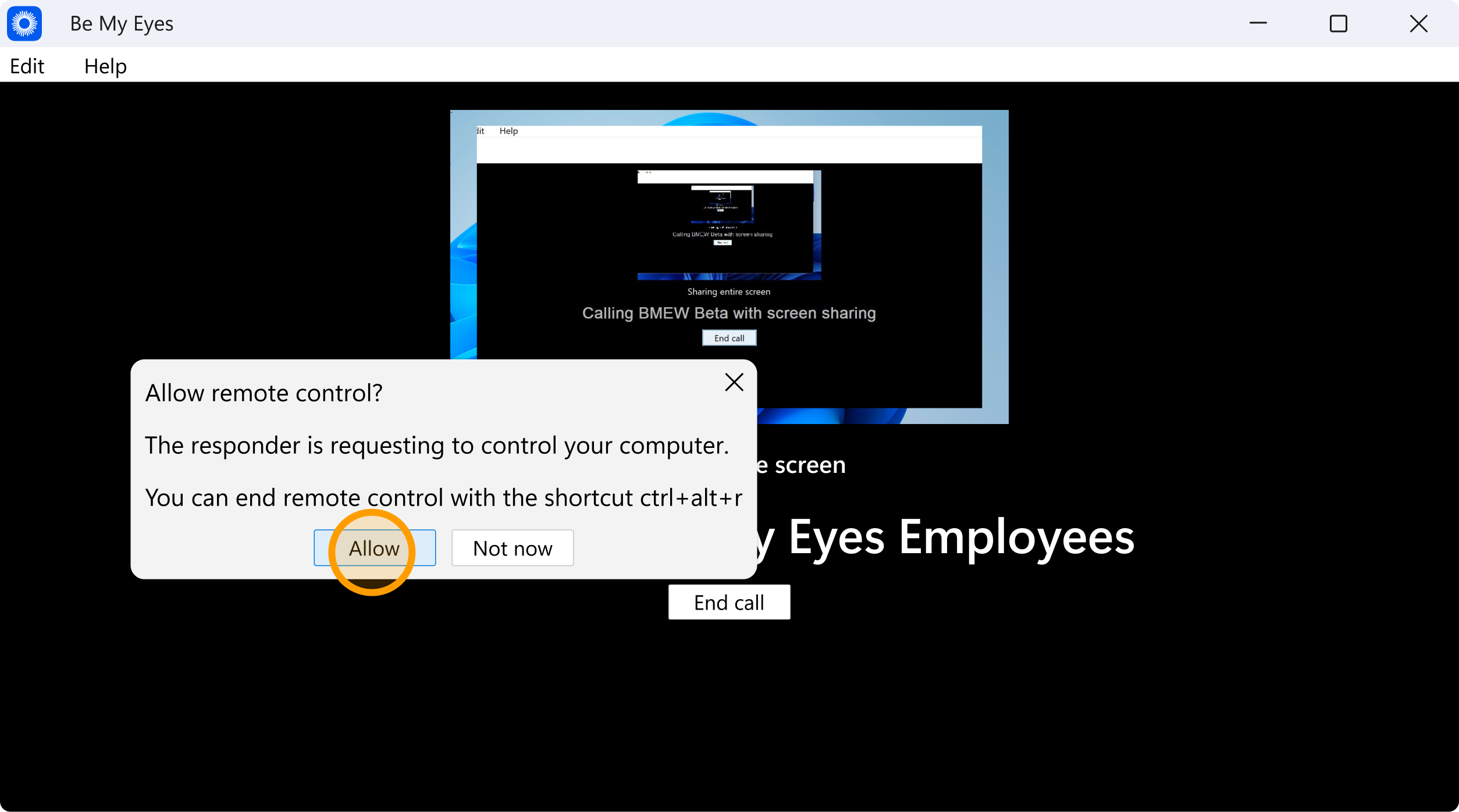A screenshot of a pop-up permission dialog box within the Be My Eyes app. The prompt asks, "Allow remote control?" with a message stating that the responder would like to remotely control the screen. An orange circle highlights the "Allow" button. A "Not now" button is also visible.