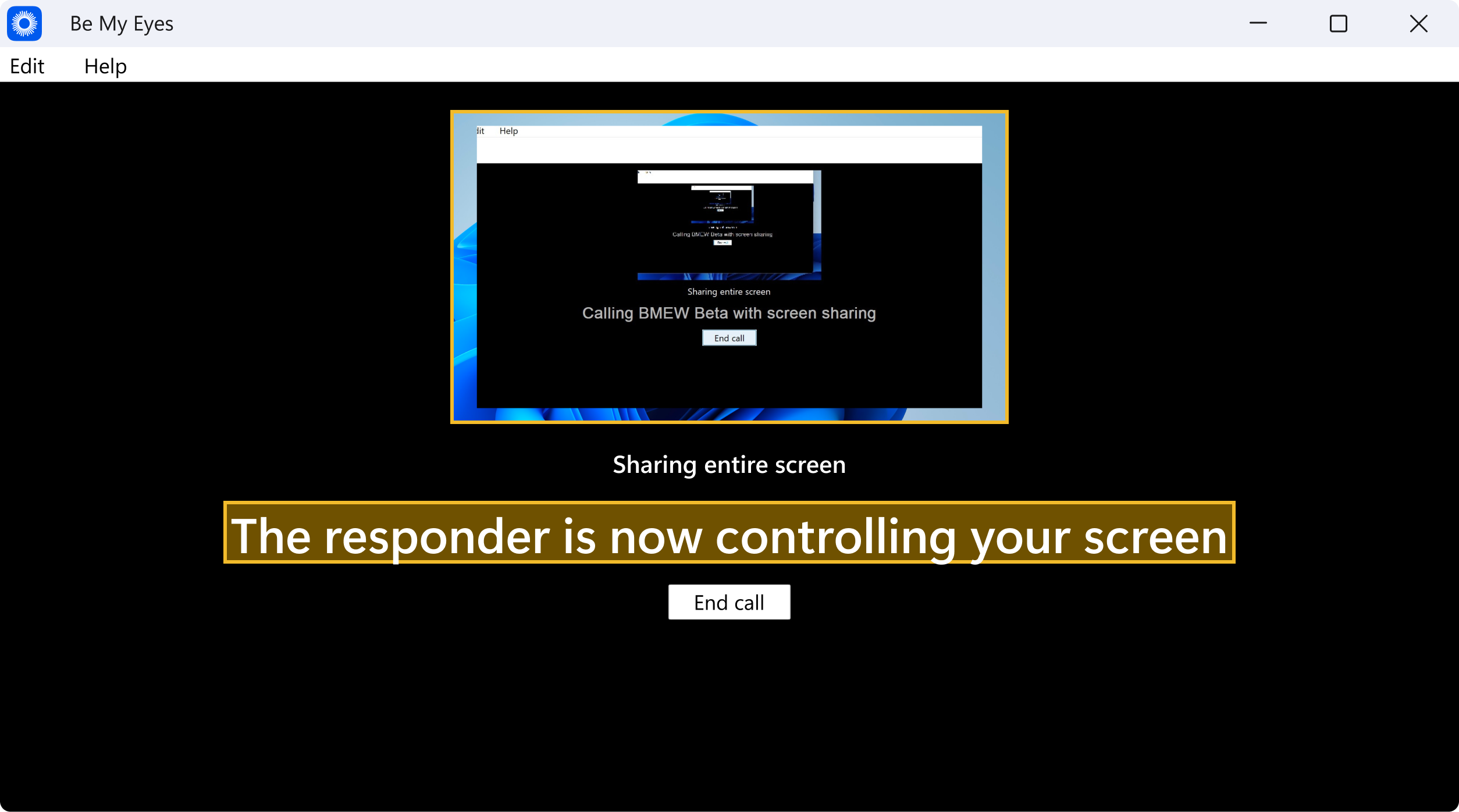 A screenshot of the desktop app during an active session. Text confirms that the responder is currently controlling the screen. The "End call" button remains available.