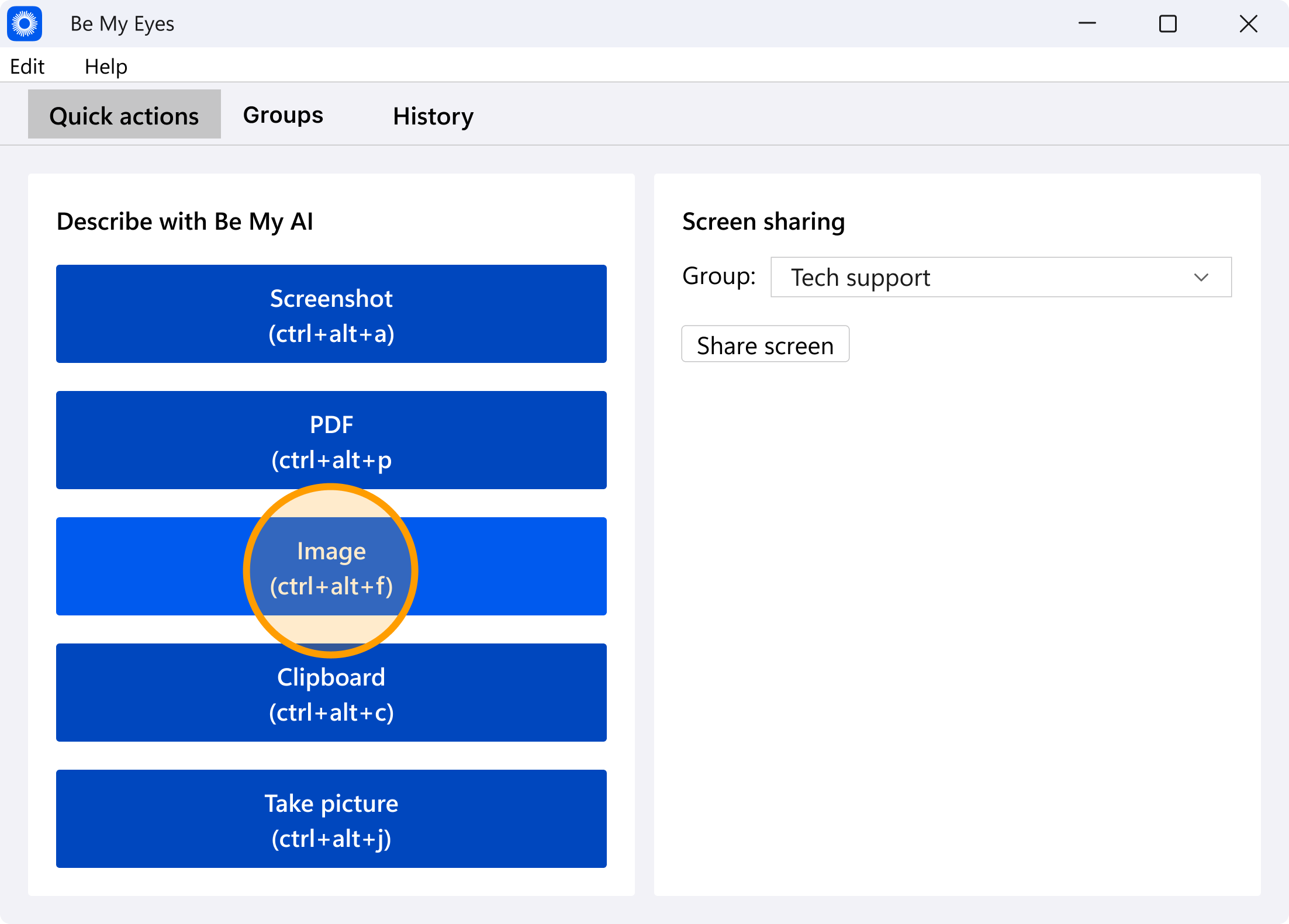 A screenshot of the Be My Eyes desktop app interface, identical to the previous screen, but now an orange circle highlights the "Image (ctrl+alt+f)" button within the "Describe with Workplace AI" menu, indicating this is the function to select for describing a saved file.