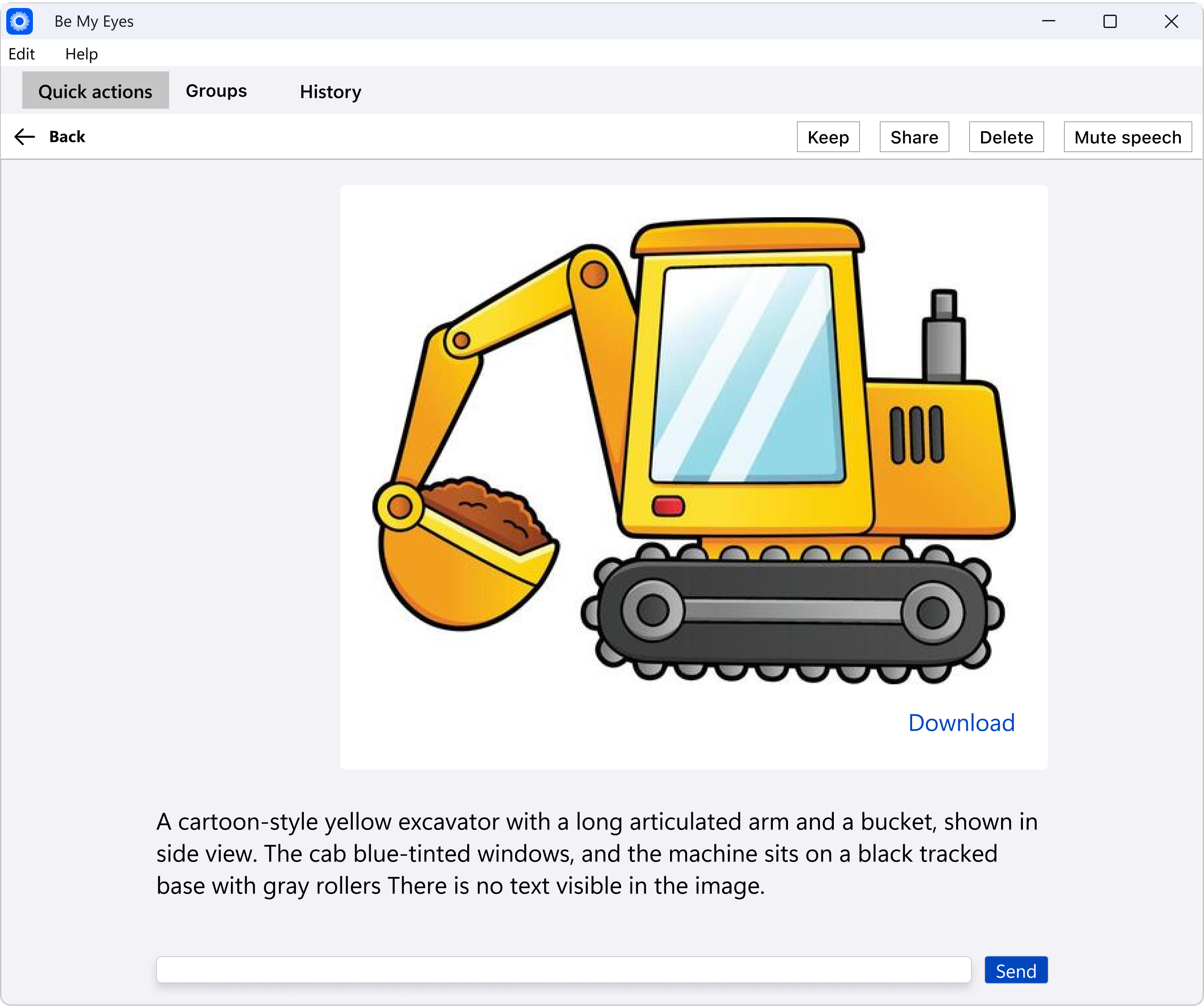 A screenshot of the Be My Eyes app showing the results of the Workplace AI analysis. The main window displays a text description of the uploaded excavator image. A toolbar contains buttons for "Keep," "Share," "Delete," and "Mute speech." 