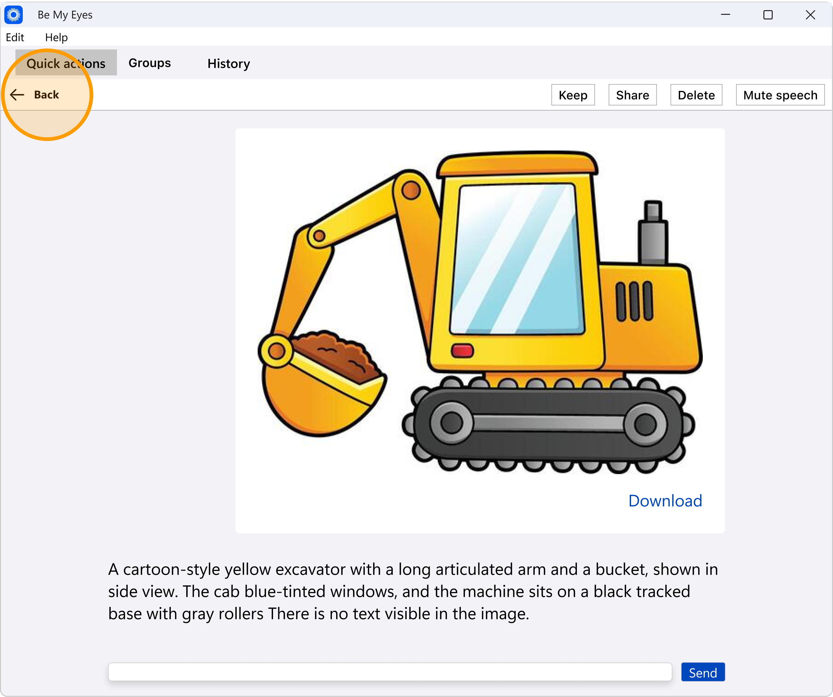A screenshot of the Be My Eyes app's main header after an AI interaction. The window displays the text description of a yellow excavator. In the top-left corner of the app interface, an orange circle highlights the "Back" arrow button, used to exit the current conversation and return to the main menu.