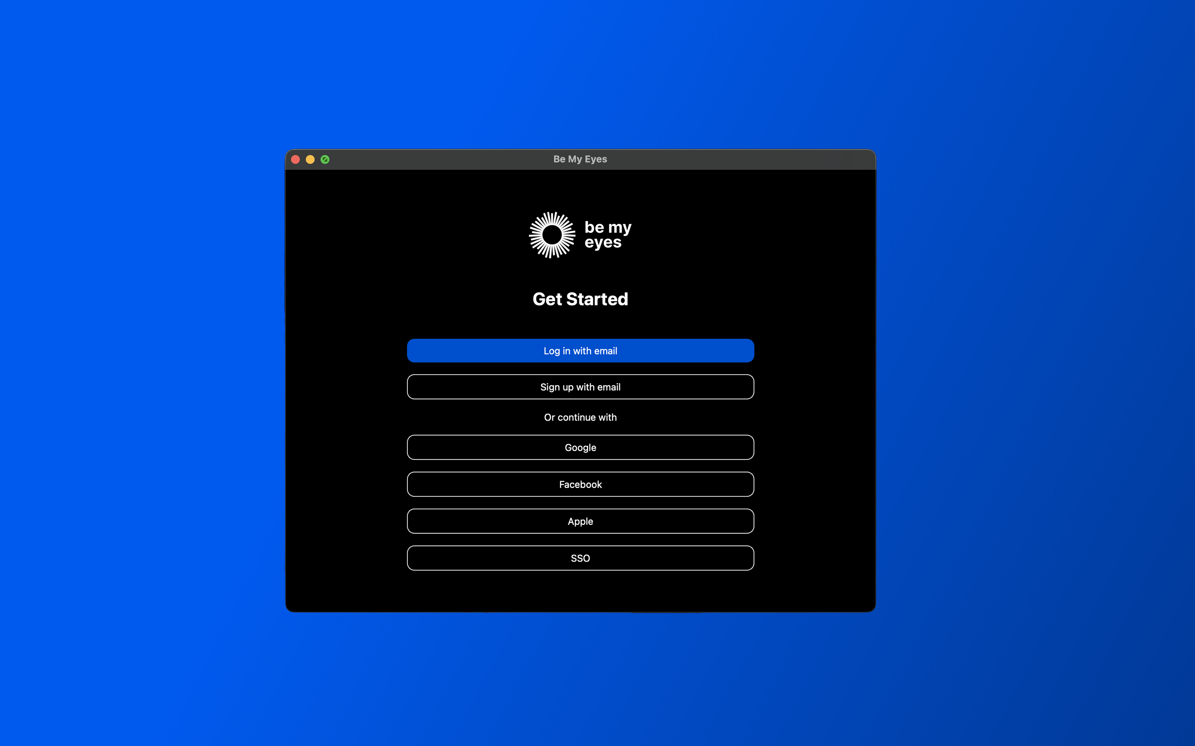 Get Started page with options for logging in and signing up