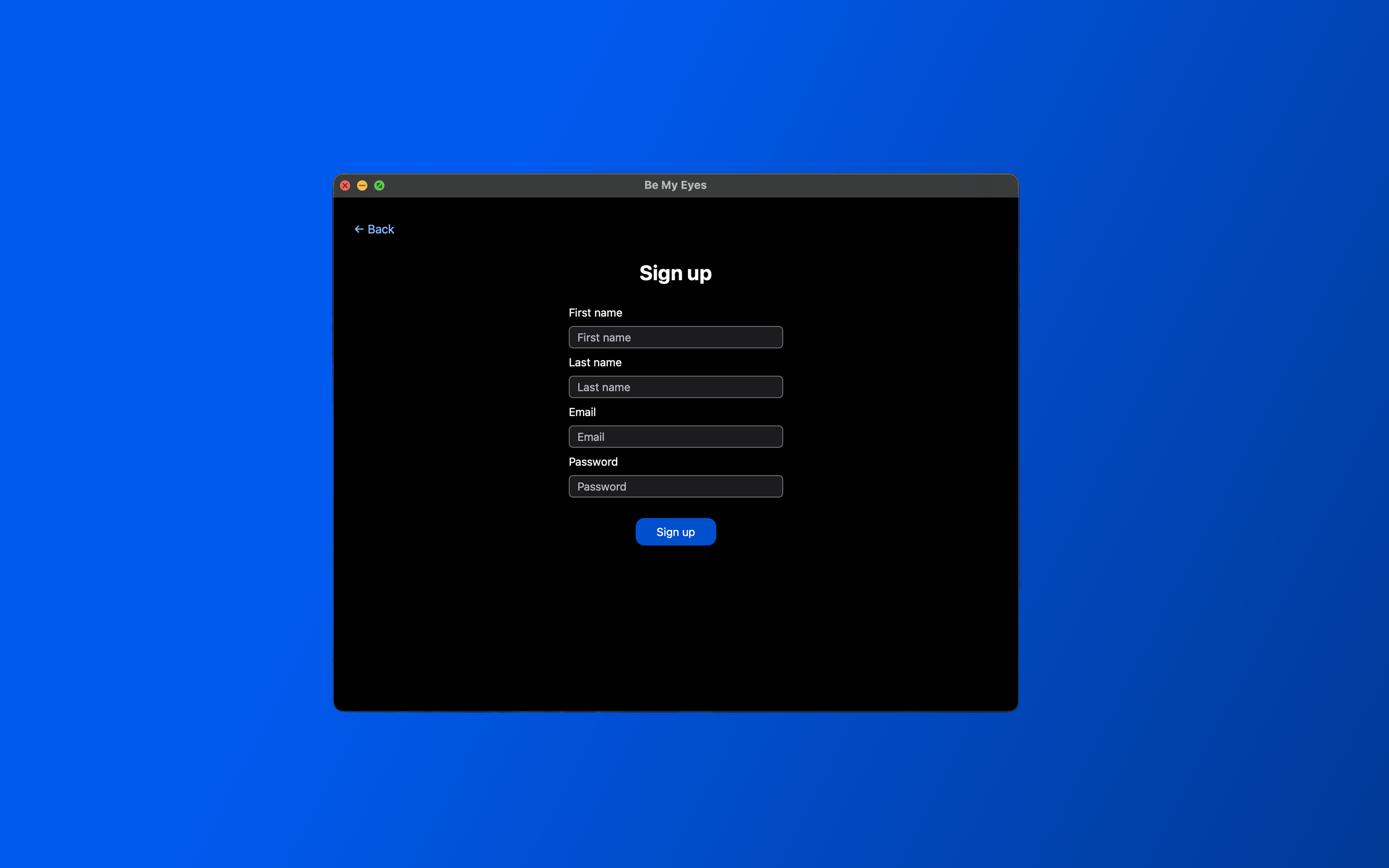 Sign up page with input fields for first name, last name, email, and password.