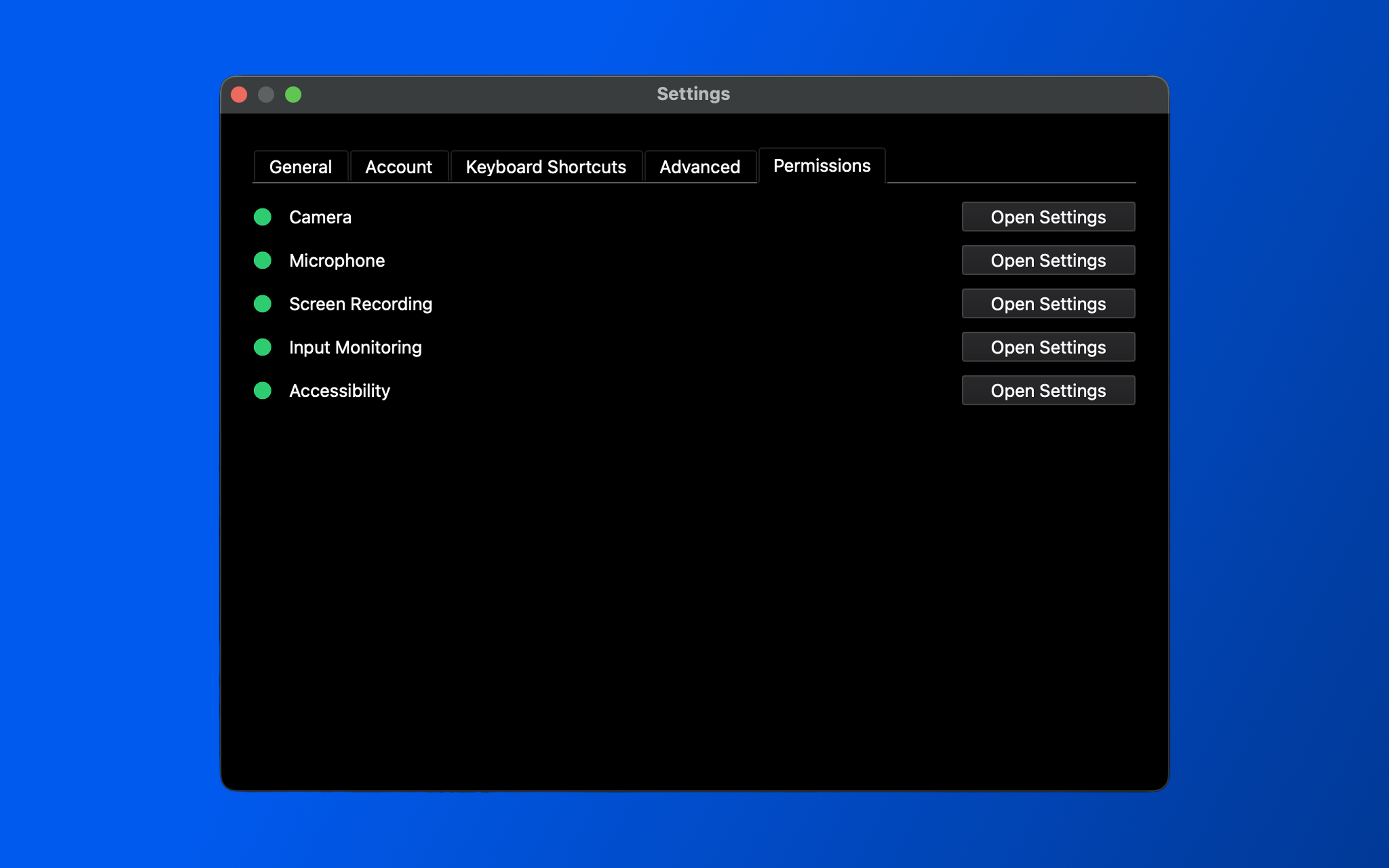 Settings screen with the Permissions tab open.