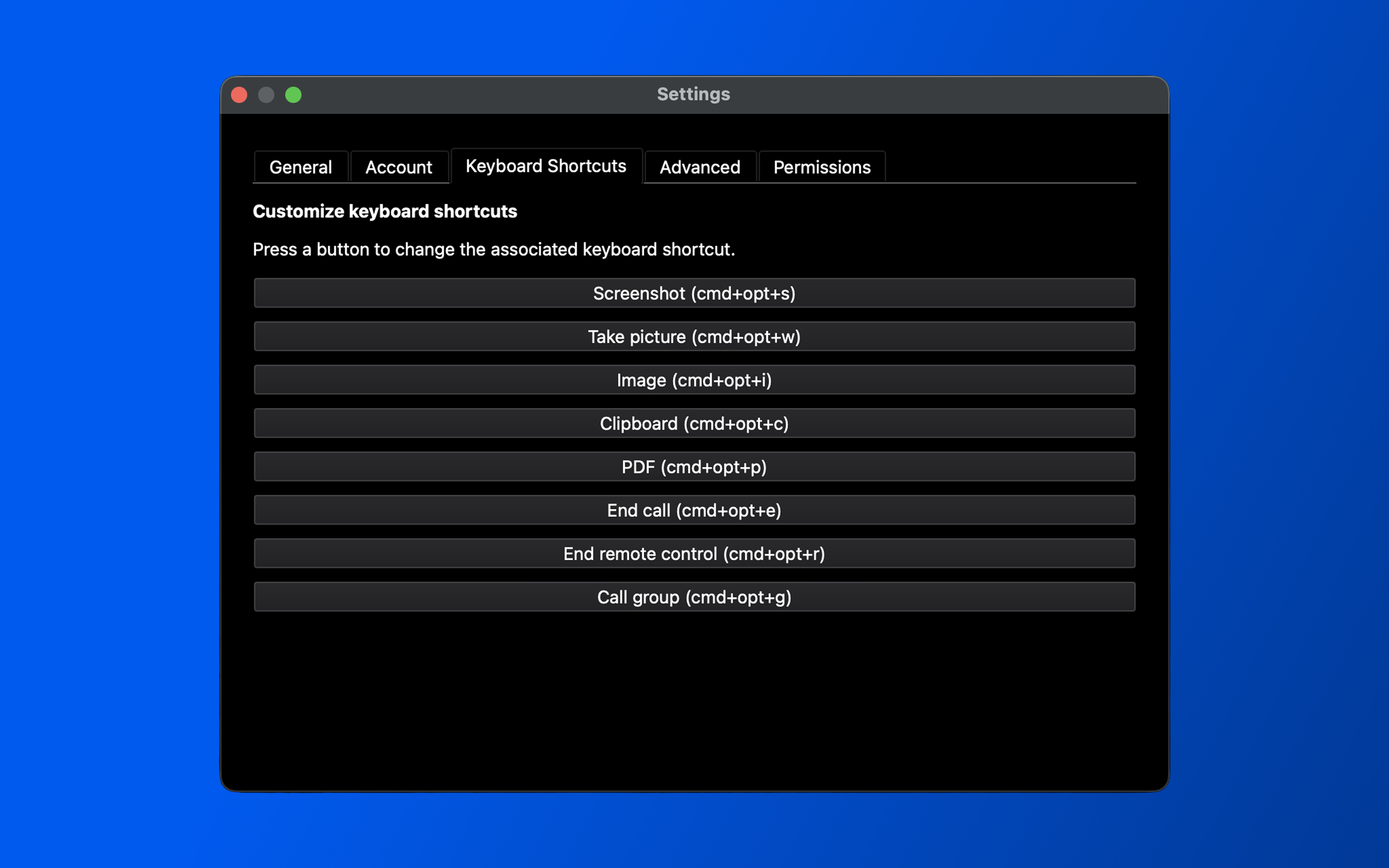 Settings screen with the Keyboard Shortcuts tab open.