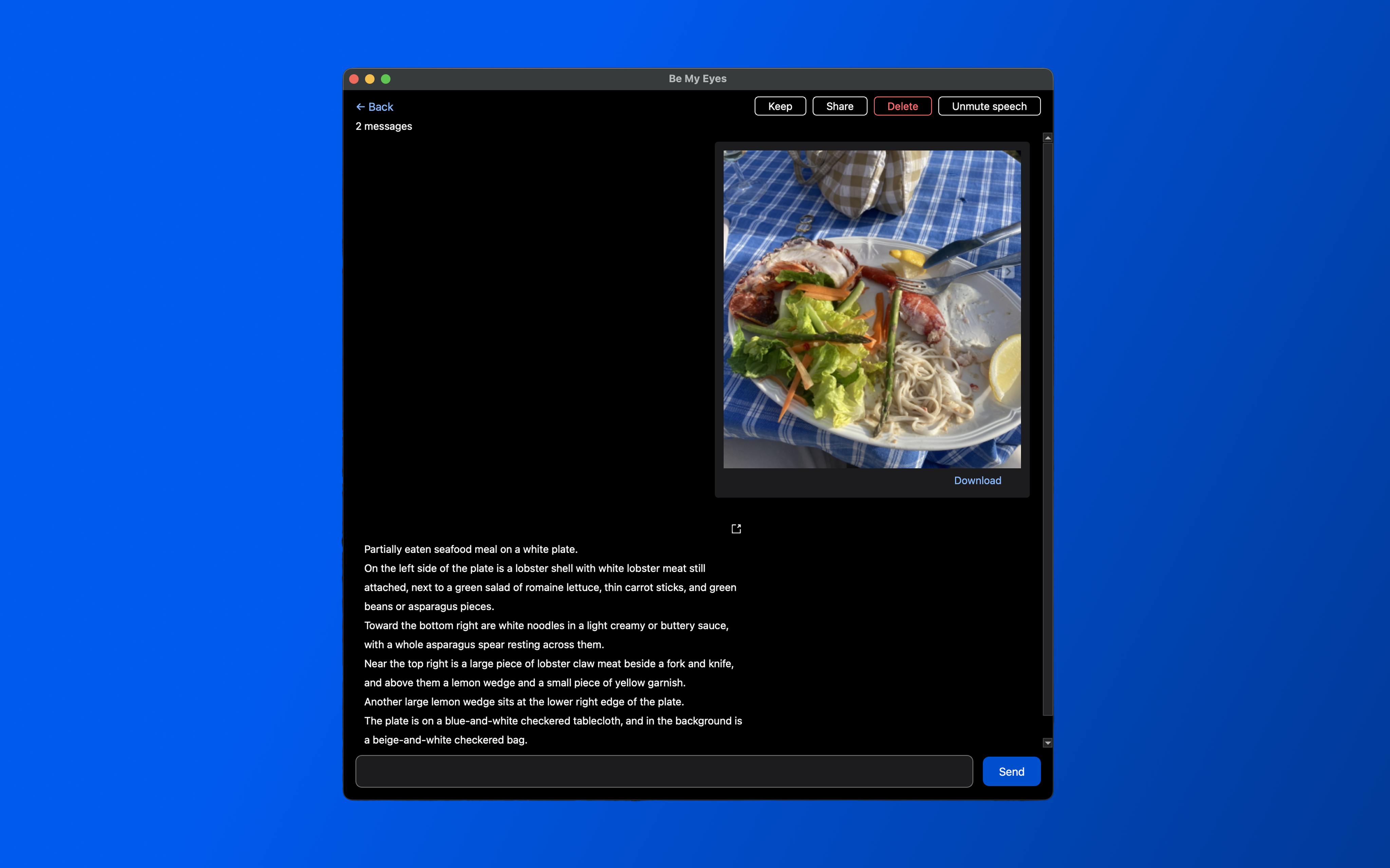 A screenshot of the Be My Eyes app showing the results of the Be My AI analysis. The main window displays a text description of the uploaded excavator image. A toolbar contains buttons for "Keep," "Share," "Delete," and "Unmute speech." 