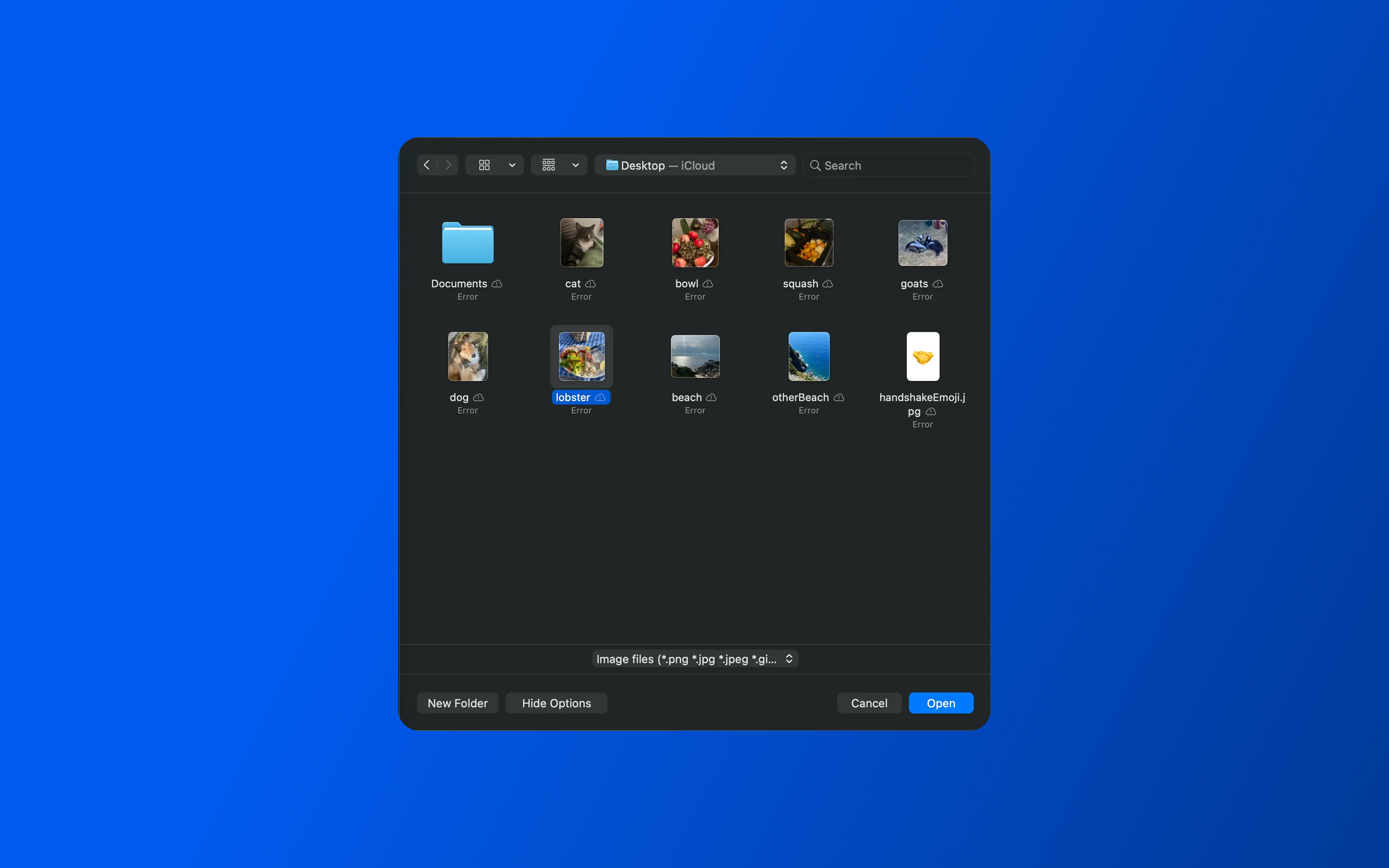 A screenshot of a MacOS Finder box showing the Desktop folder. An image titled "lobster" is selected and highlighted with blue. The "Open" button at the bottom of the window is ready to be clicked to upload the image.